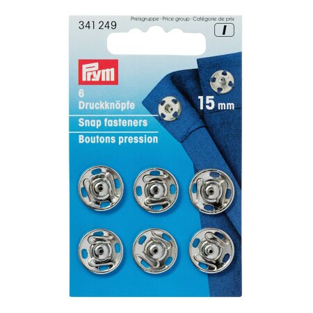 Sew On Snap Fasteners, 15mm, Silver Colour, Pack of 6 (341249)