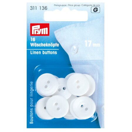 Laundry Buttons, 17mm, White, Pack of 16 (311136)