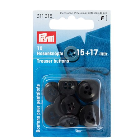 Trouser Buttons, 15mm and 17mm, Black, Pack of 10 (311315)