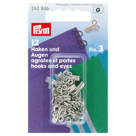 Hooks and Eyes, Size 3, Silver Colour, Pack of 12 (263844)