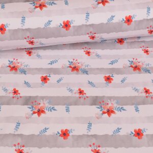 Jersey red flowers on stripes - light grey white -...