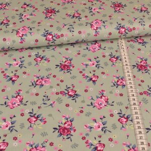 cotton fabric - Lovely Roses on dusky mint
