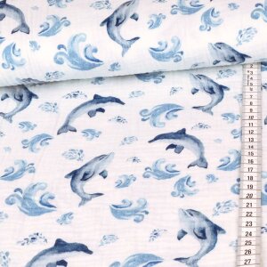 Muslin Cotton Double Gauze - dolphins on white