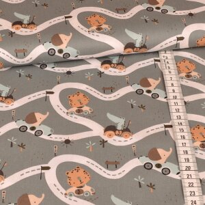 cotton woven fabric - animal in cars - old mint