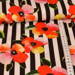 Viscose - Flowers on Stripes Black and White