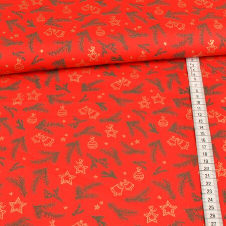 cotton fabric foil print - christmas time on red