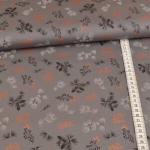 cotton fabric foil print - christmas branches on grey