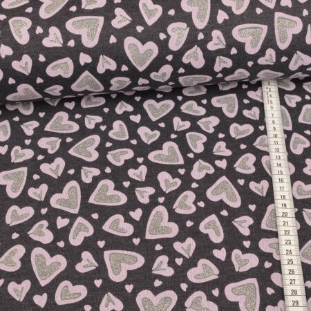 Year round Sweat French Terry brushed - Glitter Hearts on Grey Melange