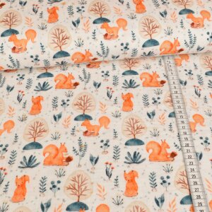 Muslin Cotton Double Gauze - Squirrel in the Forest on White