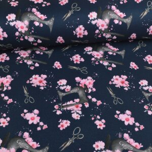 deco fabric sewing & cherry blossoms on navy -...