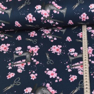 deco fabric sewing & cherry blossoms on navy -...