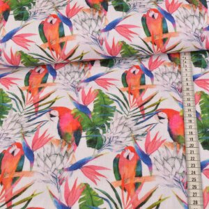 Muslin Cotton - Tropical Parrot on White