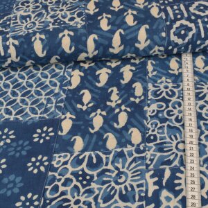 cotton woven fabric - unique batik patchwork - jeansblue