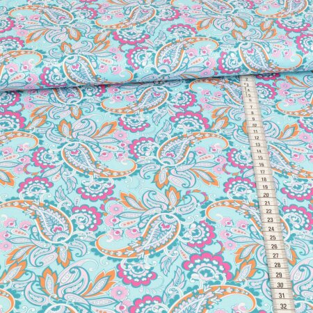 Cotton woven fabric - Oriental floral world on turquoise