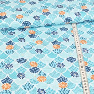 Cotton woven fabric - Retro Scales Turquoise Orange