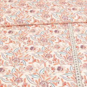 Cotton woven fabric - dreamlike world of lilies turquoise orange on cream