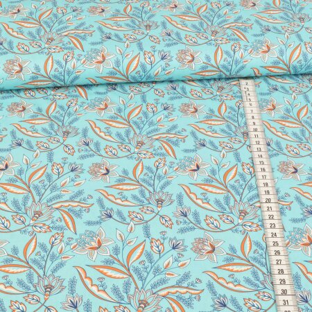 Cotton woven fabric - dreamlike lily world white orange on turquoise