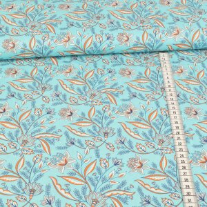 Cotton woven fabric - dreamlike lily world white orange on turquoise