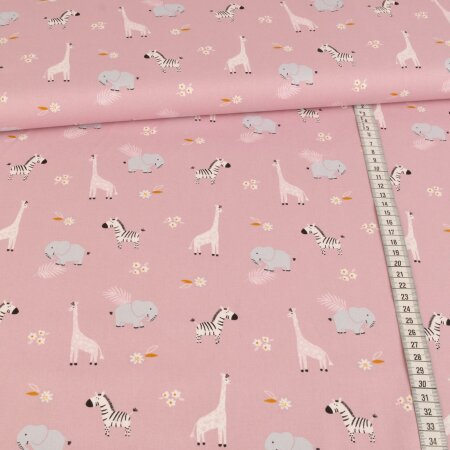 cotton fabric - Elephant Giraffe Zebra Old Pink