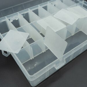 Bits and pieces box for sewing equipment with removable partition walls (3 to 24 partitions)